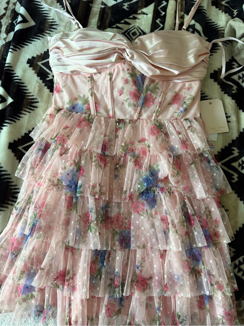 Juniors Pink Floral Tiered Tulle Dress